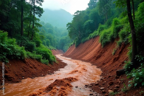 Devastating mudslide engulfs lush rainforest after torrential downpour, leaving a trail of destruction in its wake Trees uprooted, land scarred , global warming, mud