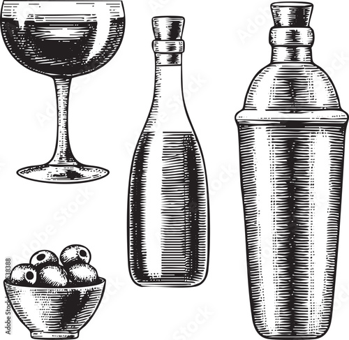 vintage showcases a wine glass bottle and cocktail shaker.