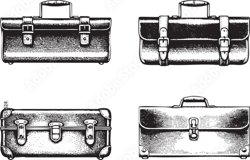Four vintage leather cases with metal buckles and handles are presented.