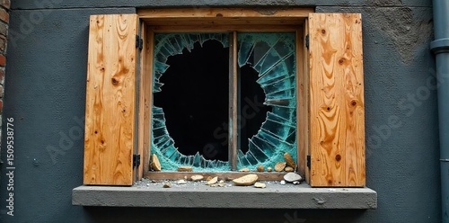 A shattered window, boarded up with plywood, symbolizes the aftermath of a violent crime scene, representing urban decay and fear , board, emergency, broken window