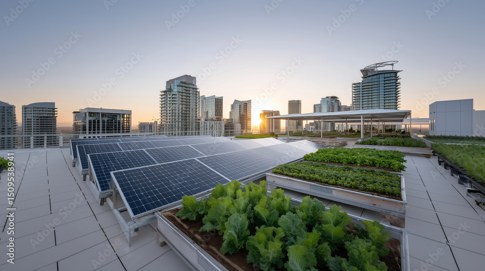 Fototapeta premium Modern Green Building Rooftop with Solar Technology and Urban Garden