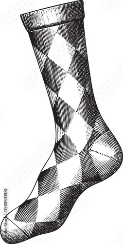 single argyle sock rests vertically on a white background.