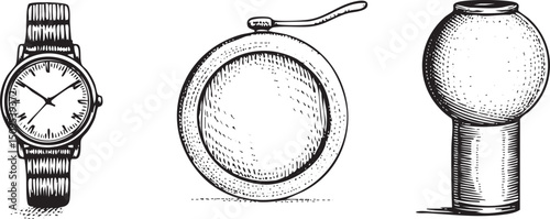 wristwatch a circular compass and a spherical measuring instrument are displayed in black ink.