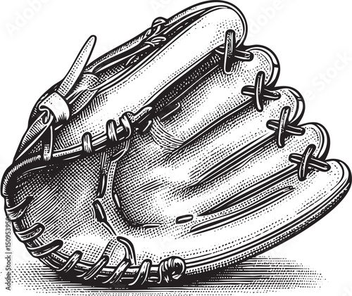 detailed textured of a baseball glove rests on a surface.