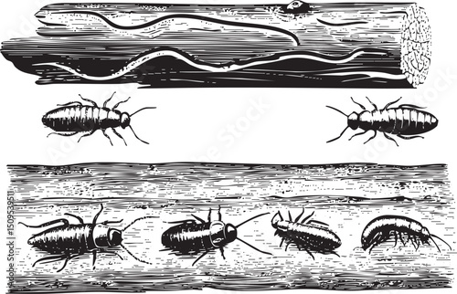 Five dark brown insects crawl along a weathered wooden log.