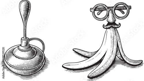 stylized depicts a metallic device alongside a whimsical banana character wearing spectacles.