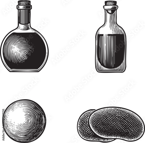 Two black bottles and a sphere rest on a surface.