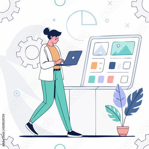 Business Woman Working on UI/UX Design Clean Modern Flat Vector Illustration