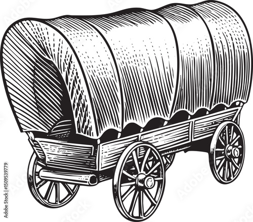 rustic wooden wagon with a curved canvas cover rests on wheels.