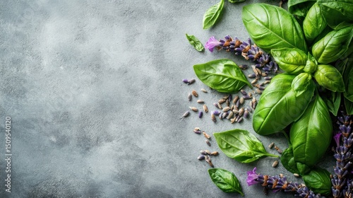Fresh basil and lavender herbs on gray background
