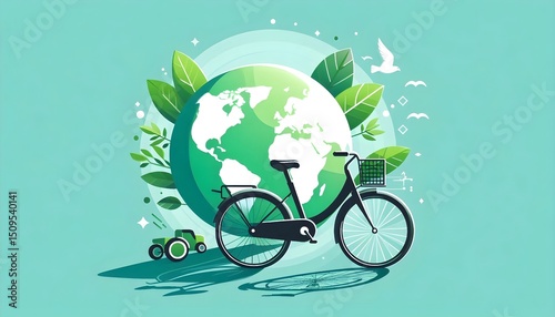 Flat graphic showing black bicycle over green globe, minimal style promoting environmental awareness and sustainable transport