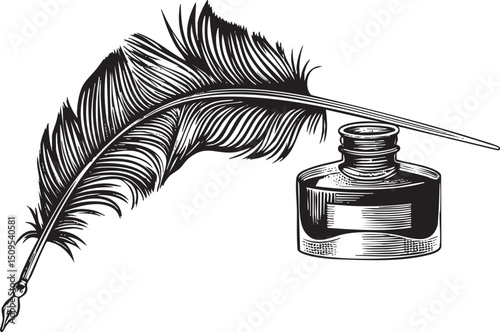 black inkwell rests beside a detailed feather quill.