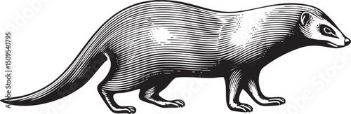 monochrome ferret strides confidently across a stark white background.