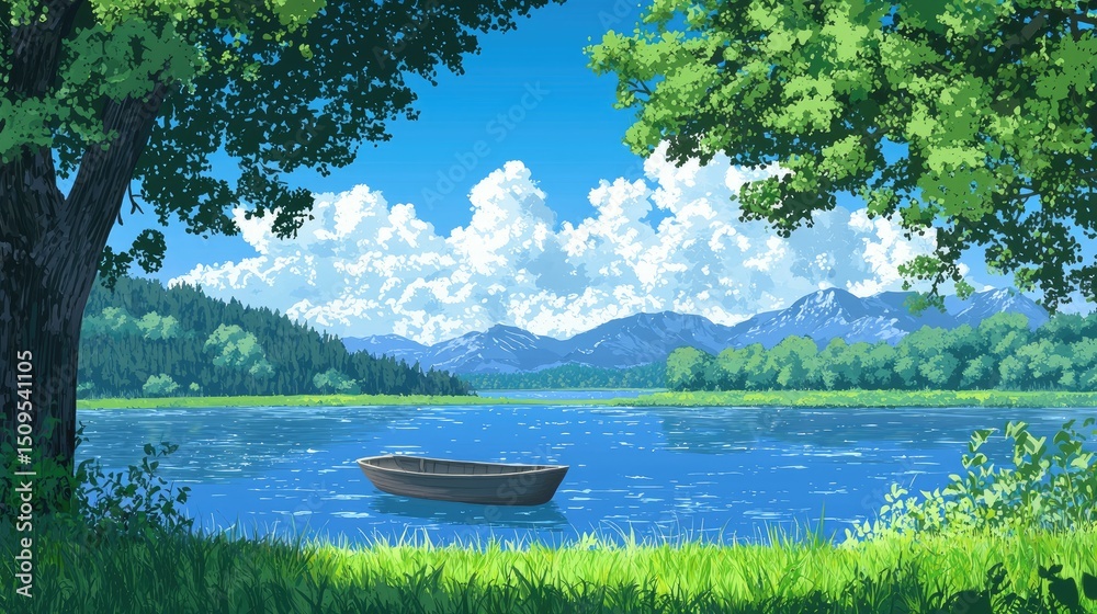 Obraz premium A serene lake scene under a vibrant sky.