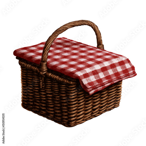 A woven picnic basket with a rounded handle and a red and white checkered cloth draped on top of it neatly on transparent background