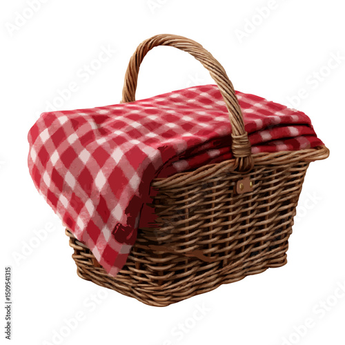 A wicker picnic basket with a twisted handle and a red and white checkered blanket draped on top of it on transparent background