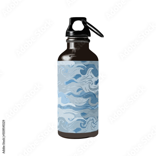 A metal water bottle with a black cap and a blue wave design on the body stands upright on a white background on transparent background