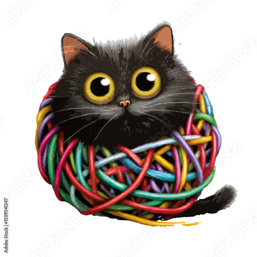 Illustration of a black cat with large yellow eyes entangled in a colorful ball of yarn with a white background on transparent background