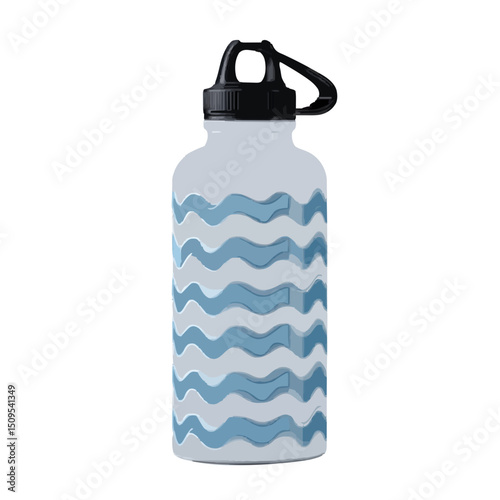 Illustration of a reusable water bottle with a black cap and a wavy blue pattern on the body design on transparent background