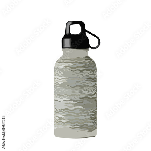A water bottle with a black cap and a gray body with wavy patterns stands on a white background view on transparent background