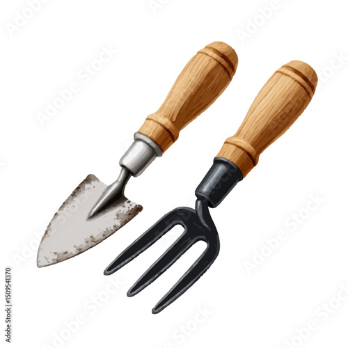 Illustration showing a small trowel and a hand fork with wooden handles used for gardening work tools on transparent background