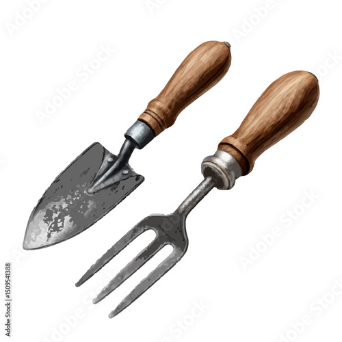 Illustration of a trowel and a hand fork with wooden handles used for gardening on a white background on transparent background