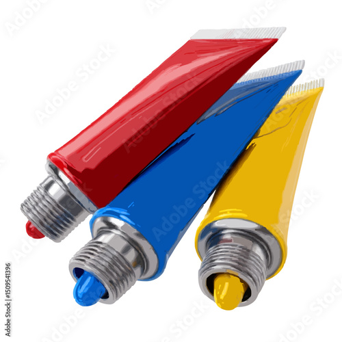 Three paint tubes in red blue and yellow colors arranged diagonally on a white background in a studio shot on transparent background
