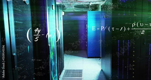 Upon startup server rack corridor showing floating equations visualizing data flow in flat design