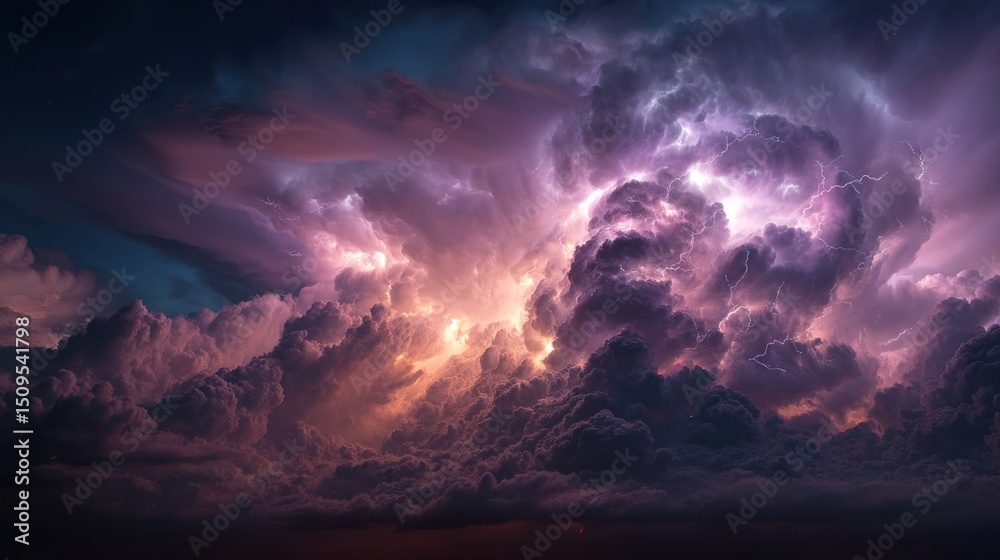 Fototapeta premium Dramatic cloudscape featuring a powerful storm with lightning and vibrant colors