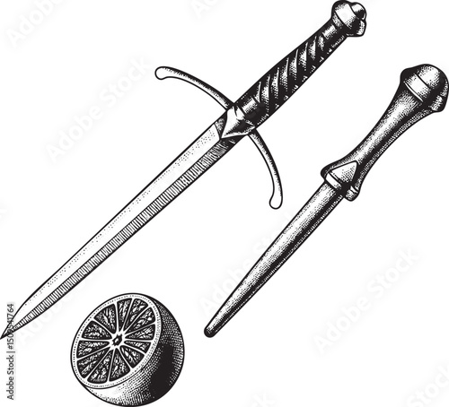 sharp sword rests beside a citrus fruit and sharpening stone.