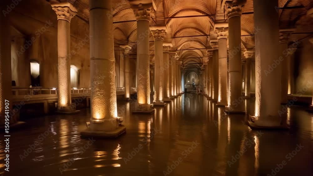 Underground cistern with columns and water reflecting interior architecture, creating a mysterious atmosphere