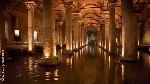 Underground cistern with columns and water reflecting interior architecture, creating a mysterious atmosphere