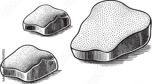 Three stylized chocolate pieces rest on a white surface.