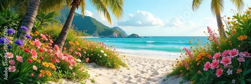Serene coastal garden flourishing with vibrant flowers, lush greenery, and sandy dunes Perfect for relaxation and escape Ocean breeze whispers through swaying plants , sand, vacation