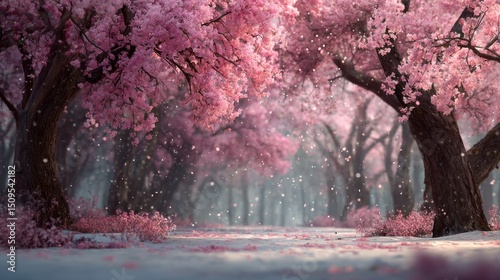 Captivating Cherry Blossom Trees in Full Bloom with Delicate Petals Falling