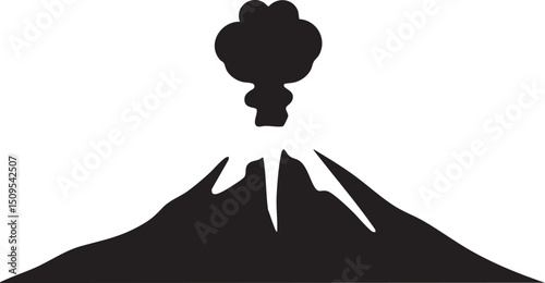 stark silhouette of a volcano erupting against a white background.
