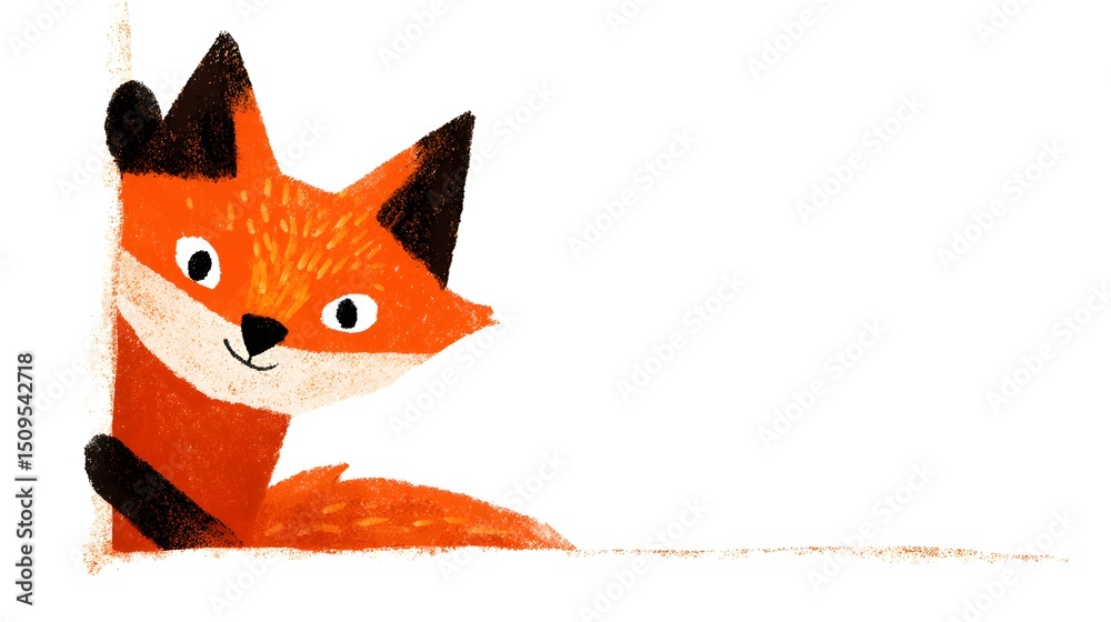 Obraz premium An illustration of an orange fox peeking from behind a white corner with a curious expression