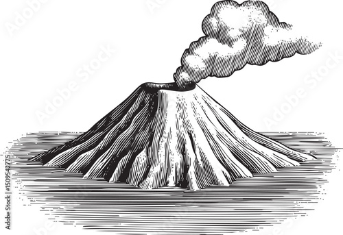solitary stylized volcano rises from a calm ocean.