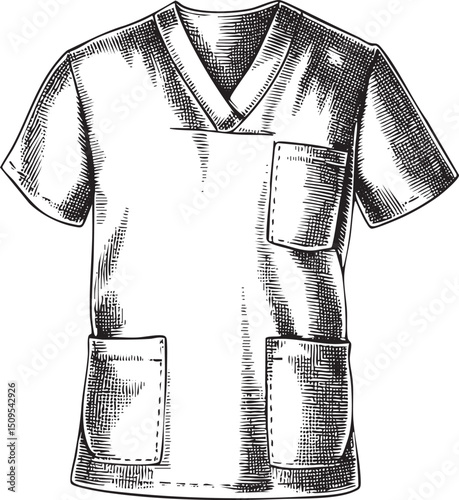 simple white medical shirt with pockets is displayed in a detailed monochrome .
