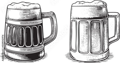 Two detailed beer mugs stand side-by-side filled with frothy liquid.