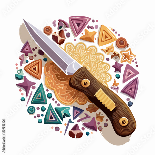 A craft knife next to paper cutouts
