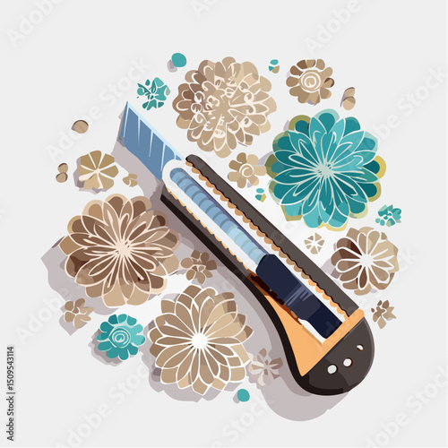 A craft knife next to paper cutouts
