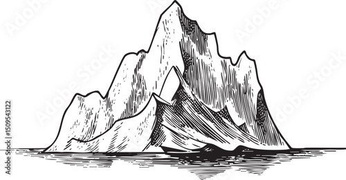 dramatic textured mountain rises above a calm body of water.