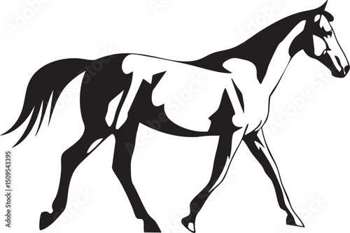 black and white horse walks gracefully through a field.