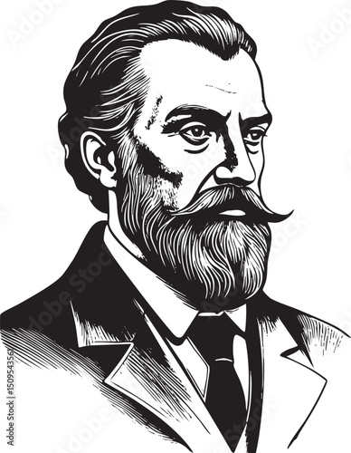 distinguished gentleman with a full intricately detailed beard gazes directly at the viewer.