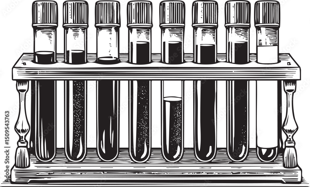 wooden rack displays nine test tubes filled with dark liquid.