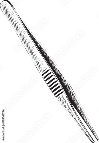 surgical instrument a forceps rests on a dark surface.