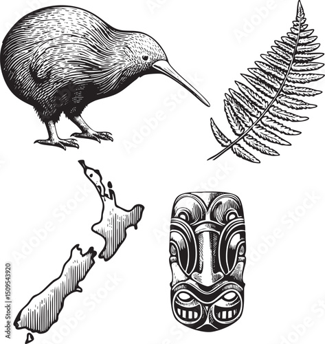 detailed black and white depicts a kiwi bird standing confidently beside a stylized fern frond a map of New Zealand and a Māori face carving.
