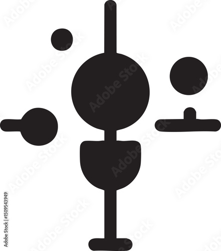 stylized figure stands near a central sphere with surrounding circles.