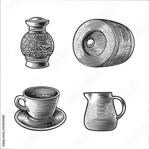 Intricate ceramic vessels and a wooden rolling pin are displayed on a white background.